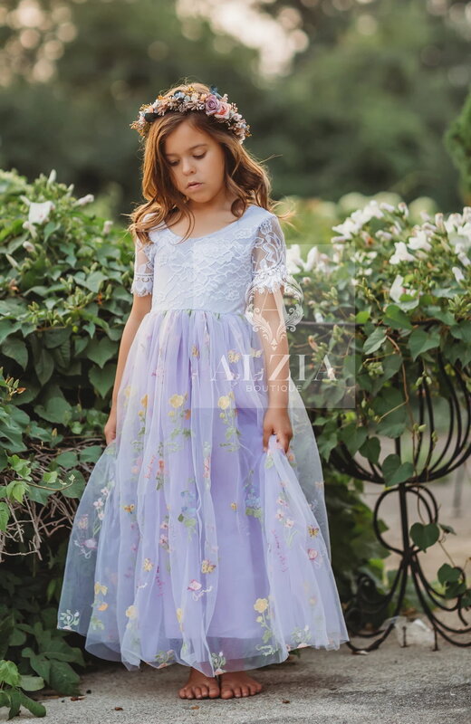 Sage Green gaun panjang bordir bunga anak perempuan, gaun pesta pernikahan lengan pendek bahan Tulle, gaun pesta motif bunga untuk anak perempuan