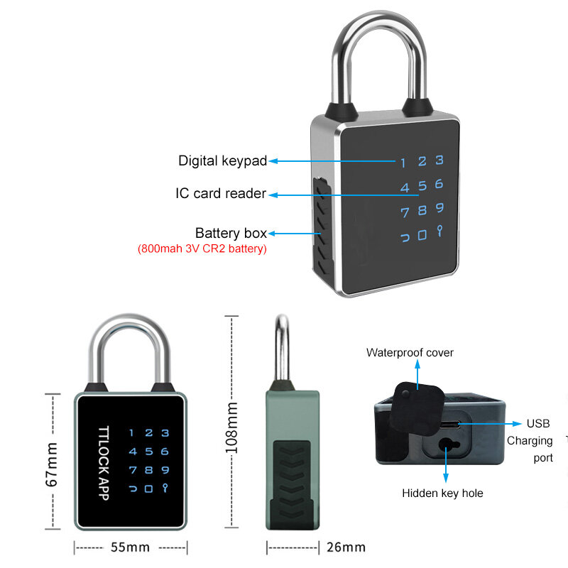 Impermeável Digital Smart Cadeado, TTlock App, Chave De Senha, NFC, Cartão M1, USB Recarregável, Suporte Bluetooth, 4 Maneiras de Desbloqueio