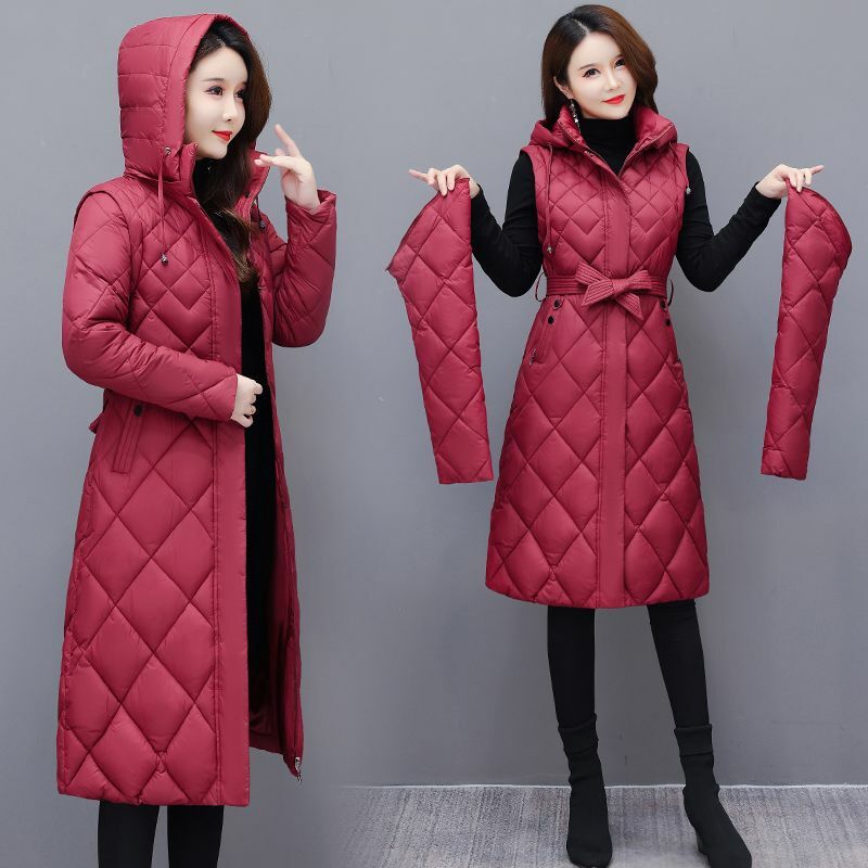 Hooded Down Cotton Jacket Coat Women 23 New Padded Coat Women Mid-length Slim Winter Coat Women Sleeves Removable Warm Overcoat