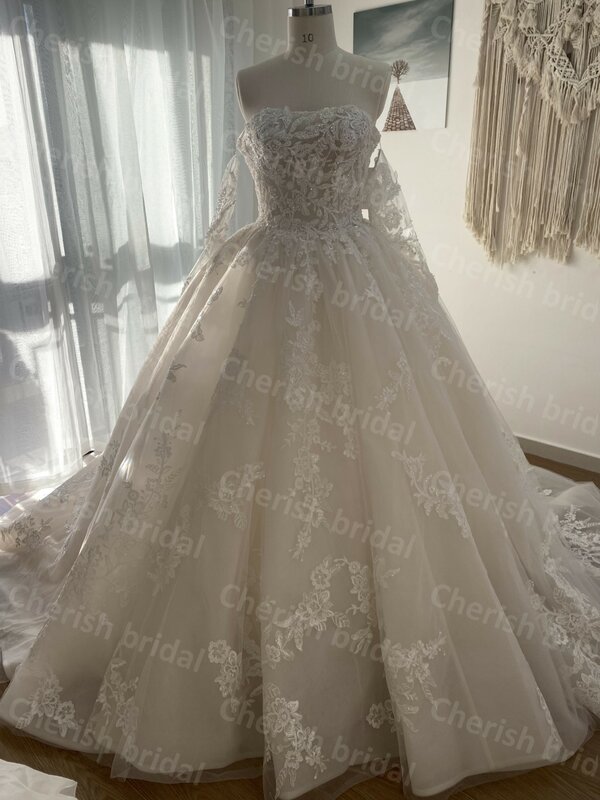 C5043B Strapless Lace Applique and Beading Ball Gown Wedding Dress with Detachable Long Sleeves, Zipper Back Bridal Gown