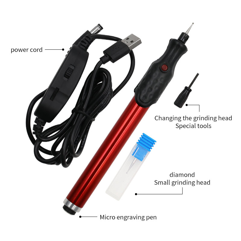Pena Pengukir Elektrik Mini + Kabel Daya 5V Alat Pengukir Miniatur DIY untuk Batu Kaca Logam Kayu Plastik