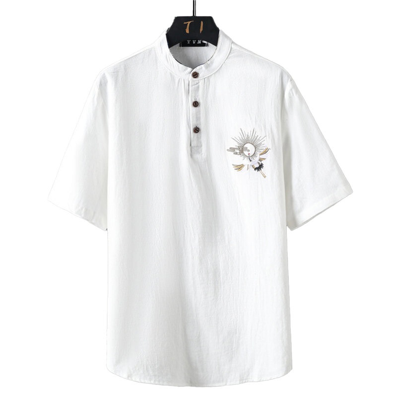 Рубашка мужская повседневная с коротким рукавом, свободная блузка в китайском стиле кунг-фу, круглый вырез, короткий рукав, однотонная