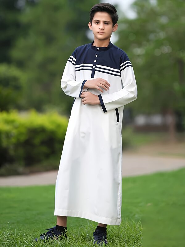 라마단 중동 무슬림 이슬람 어린이 아바야 아랍 두바이 튀르키예 소년 토브, 단색 대비 단추 줄무늬 주니어 소년 가운