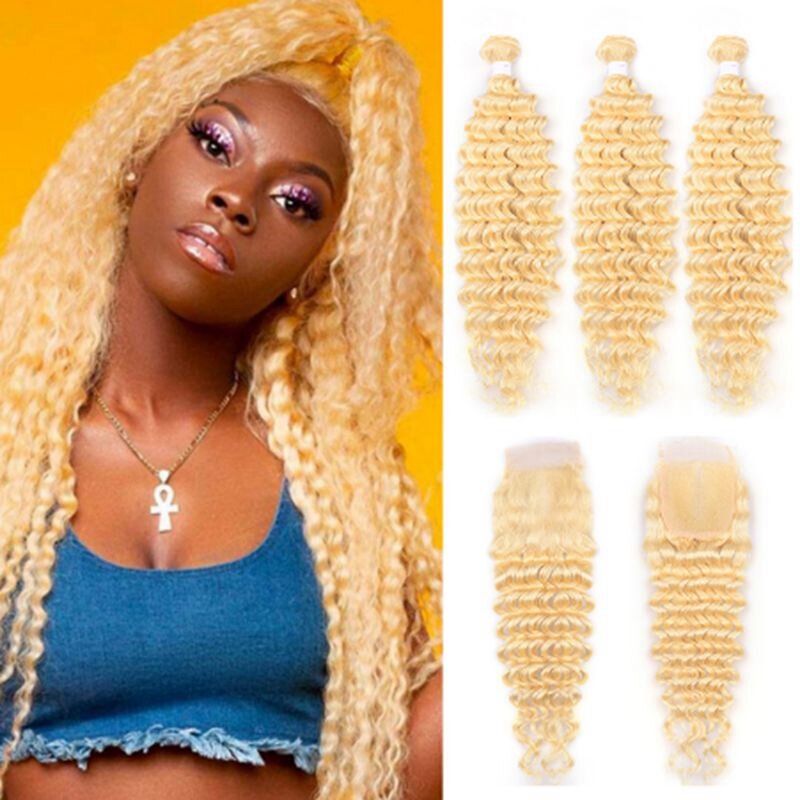Elfriede #613 blonde tiefe Wellen bündel mit Verschluss brasilia nisches remy menschliches Haar webt 3 Bündel mit 4x4 transparentem Spitzen verschluss