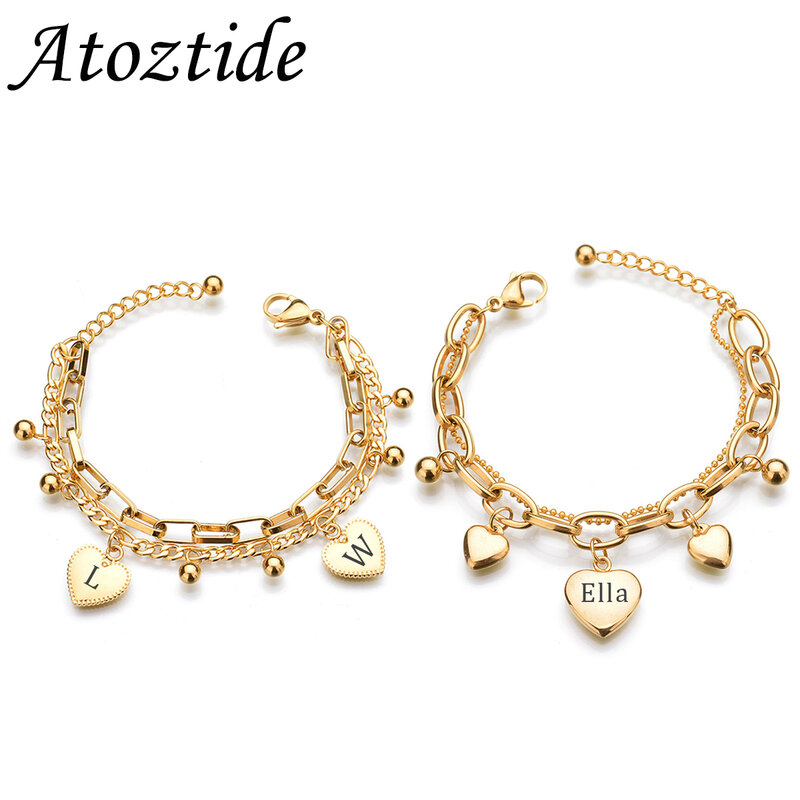 Atoztide Engrave Name Bracelet For Women Heart Stainless Steel Custom Letter Link Chain Gold Color Bangle Birthday Jewelry Gift