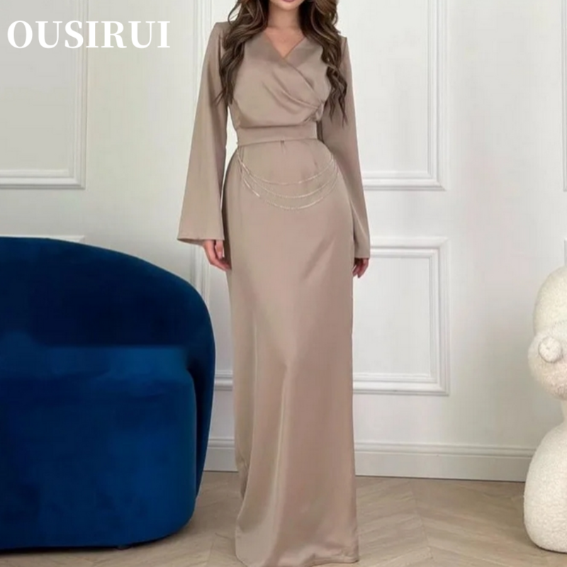 OUSIRUI элегантное однотонное женское платье с V-образным вырезом и металлическим украшением с длинными рукавами и высокой талией Для женщин-Новое поступление на Ins и EBAY