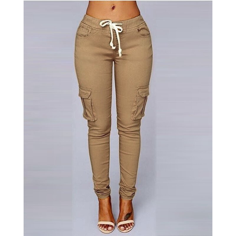 2024 Spring Women Fashion Pocket Design Drawstring Cargo Pants Femme Casual Long Skinny Leggins Lady Long Pencil Pants Outwear