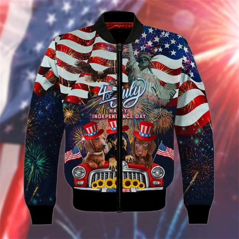 Куртка на молнии для мужчин и женщин, модный пиджак с 3D-принтом Дня независимости в стиле Харадзюку, пальто с длинным рукавом и принтом национального флага США, y2k, весна