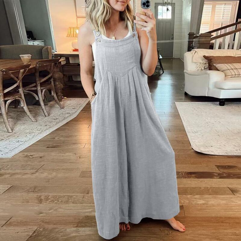 Women Jumpsuit Stylish Women's Summer Jumpsuit with Wide Leg Deep Crotch Adjustable Button Shoulder Strap Sleeveless for Casual