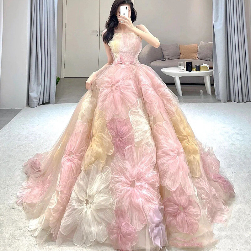 2024 baru Quinceanera gaun bola gaun bunga Vestidos De Pink tanpa tali gaun pesta malam gaun pernikahan