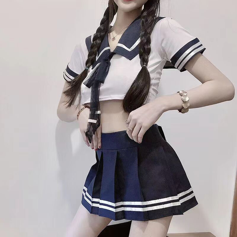 플러스 사이즈 에로틱 란제리 여성 역할 놀이 코스튬 소녀 JK 유니폼 코스프레 세트, 핫 탑 19, 가랑이 없는 플리츠 스커트, 섹시한 잠옷