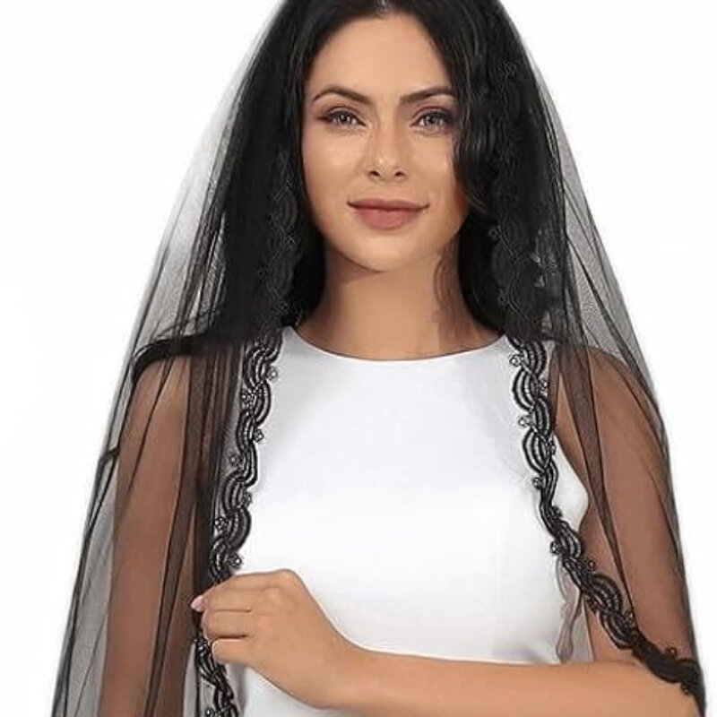Black Wedding Veil for Brides Short Lace Bridal Tulle Veils Halloween Costume Prom Hair Accessories with Comb