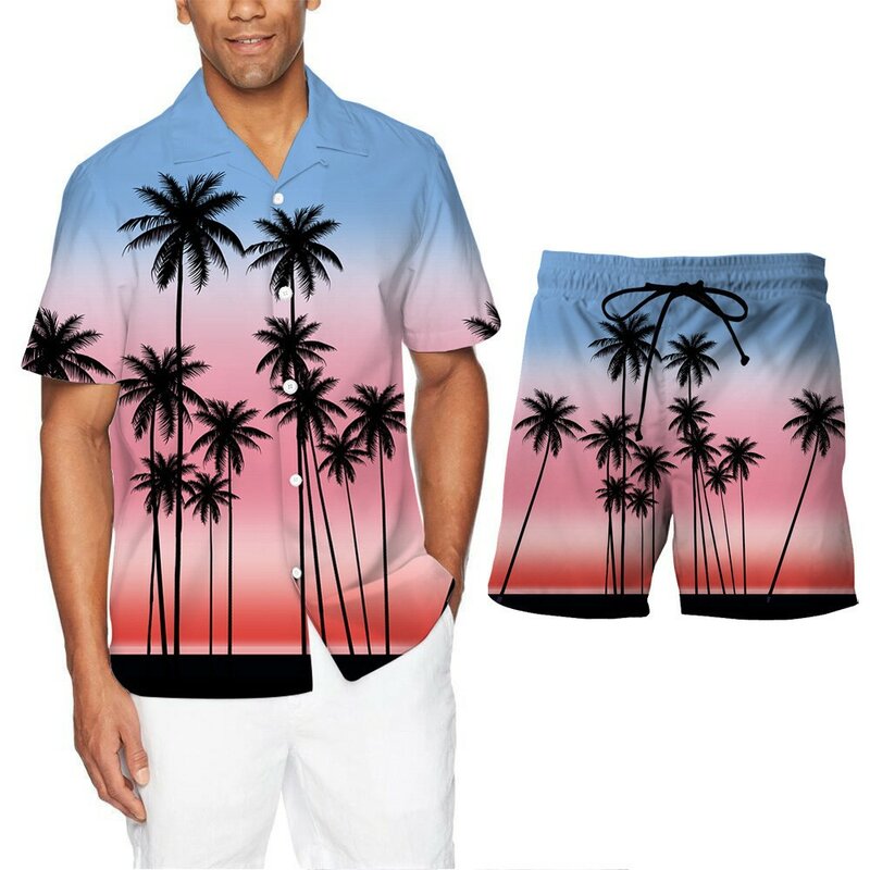 New summer short sleeve shirt set men's Hawaiian beach print casual shirt