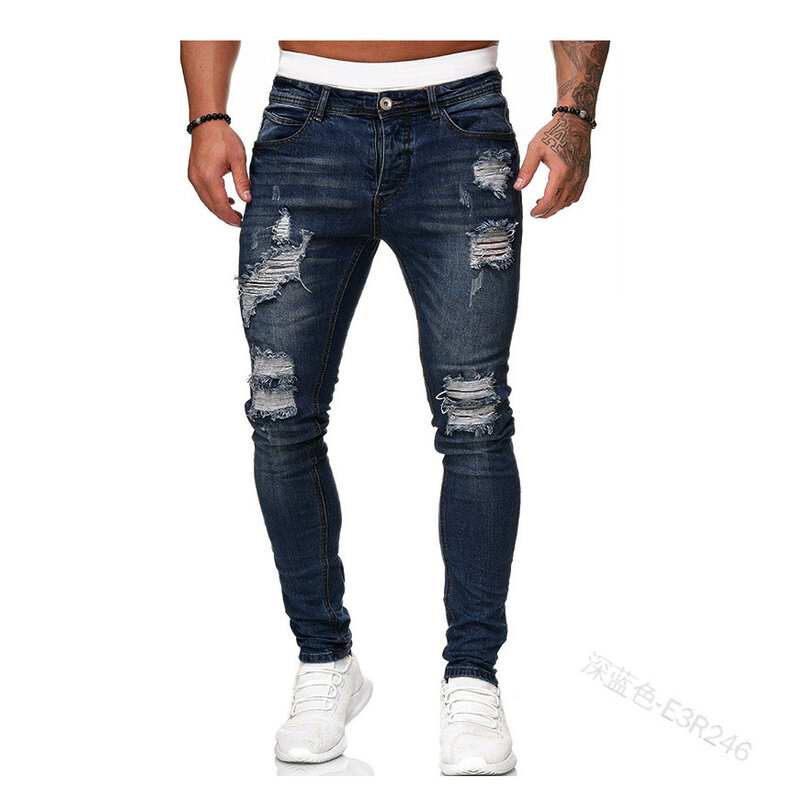 Gescheurde Mid Taille Slim Fit Heren Jeans Vintage Denim Wash Effen Punk Stijl Skinny Potlood Broek Distressed Gaten Enkellengte