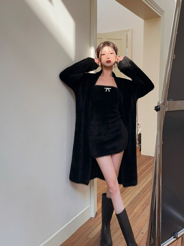 여성용 캐주얼 가디건 코스트 및 미니 원피스 빈티지 투피스 세트, Y2k 의류, 한국 패션, 2024 겨울