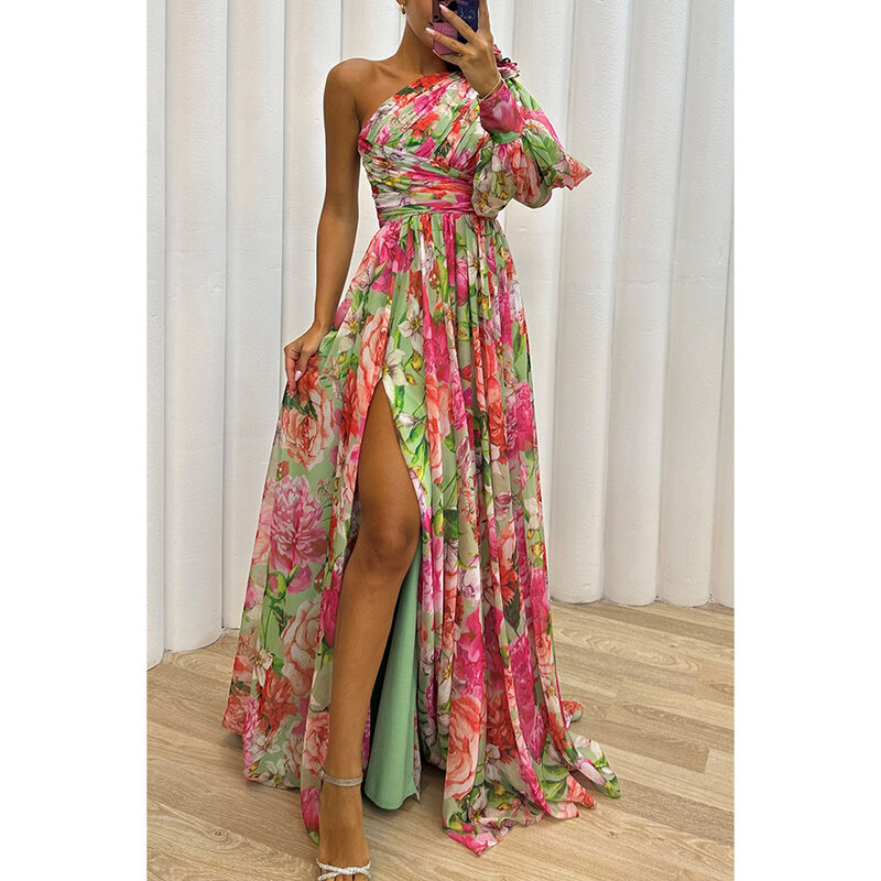 Elegancka szyfonowa sukienka na imprezy plażowe z nadrukiem damska seksowna aplikacja na jedno ramię suknie balowe wysoki szykowny damski długie suknie koktajlowy