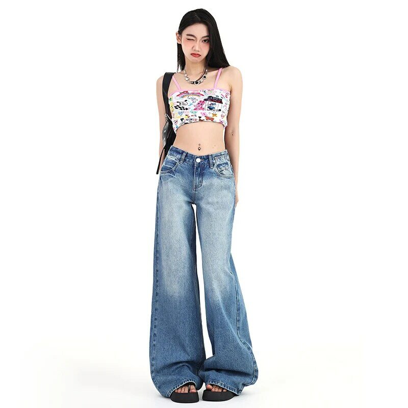 2024 Nieuwe Amerikaanse Vintage Gewassen Losse Jeans Vrouwen Hoge Taille Rechte Pijpen Denim Broek Mode Wijde Pijpen Casual Veelzijdig