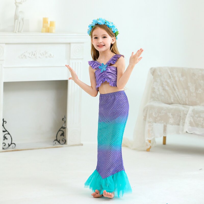 Set dua potong gaun Princess putri duyung kecil, kostum Cosplay putri Ariel, karnaval, ulang tahun, warna ungu, dua potong