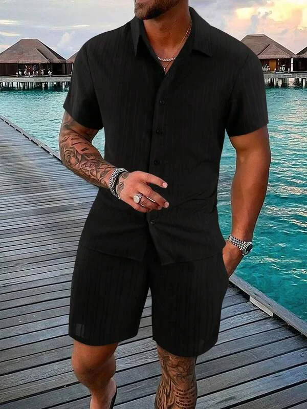 Conjunto de camisa con estampado 3d para hombre, camisa informal de manga corta a rayas lisas, pantalones cortos de playa de gran tamaño, ropa de calle de verano, trajes hawaianos