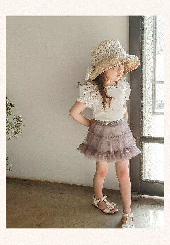 Children Clothing Kids 2024 Summer Girls Girls Cotton Soft Embroidered Lace Lapel Bubble Short Sleeve Stretch T Shirt