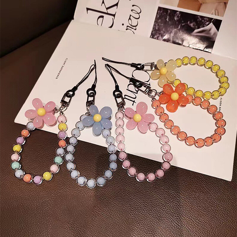Anti-lost Flower Beads Lanyard para celular, correntes manuais, pingente chave bonito, pulseira, corda corda corda corda decoração, 6 cores doces