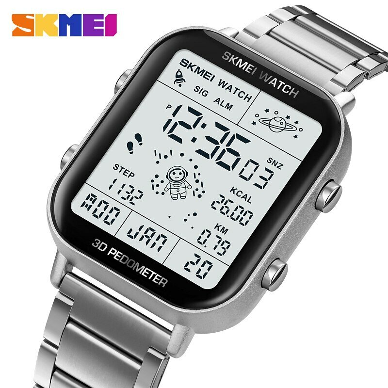 SKMEI jam tangan Digital Pedometer pria, jam tangan olahraga tampilan belakang lampu dengan fitur Stopwatch hitung mundur kalender kalori