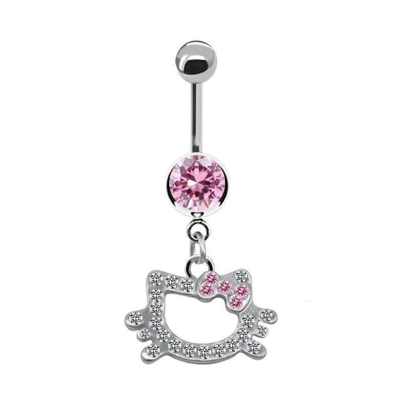 Женское кольцо для пупка с розовой бабочкой и котом