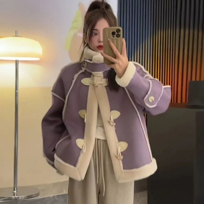 Giacca in ecopelle con colletto alla coreana per donna 2024 capispalla con bottoni in corno di nuova moda autunno inverno addensare cappotti in Pu finto caldo