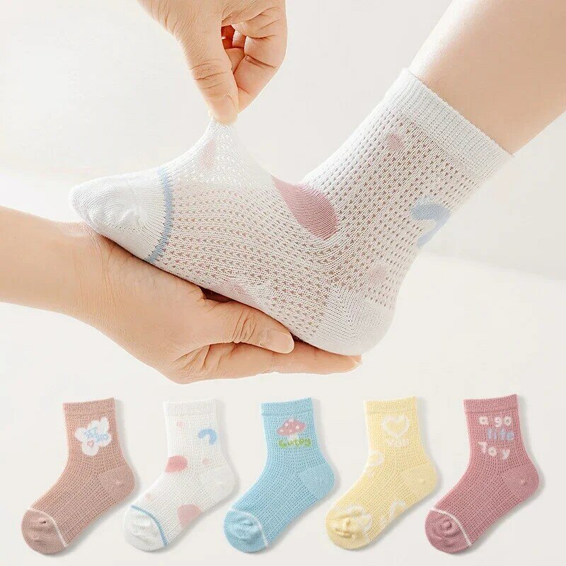 Calcetines de malla ultrafina para niños y niñas, medias transpirables de algodón, 0 a 12 años, lote de 5 pares, novedad de verano, 2024