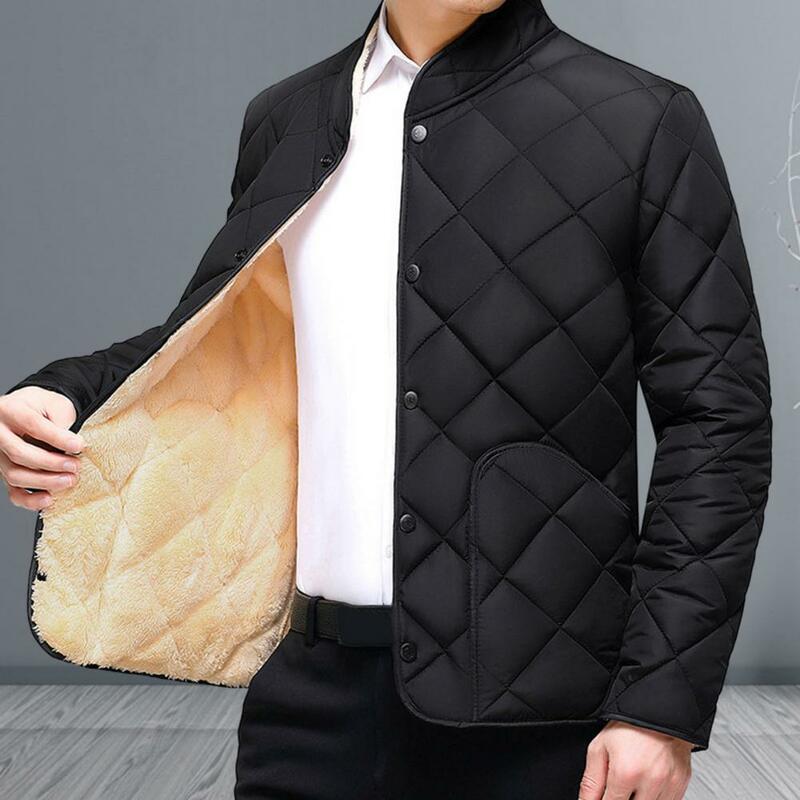 Men Winter Fall Coat Thick Plush Padded Stand Collar Cotton Coat Neck Protection Warm Single-breasted Cardigan Jacket