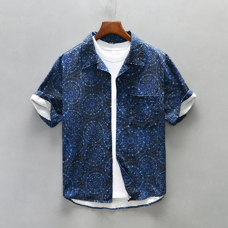 Camisa masculina de botões de manga curta, impressão digital, solta, tamanho grande, moda casual