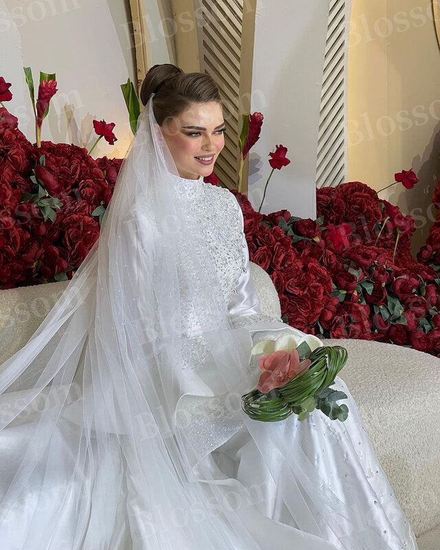 فساتين زفاف فاخرة برقبة عالية للنساء ، المملكة العربية السعودية ، أكمام طويلة ، حجر الراين ، فستان زفاف مخصص راقي