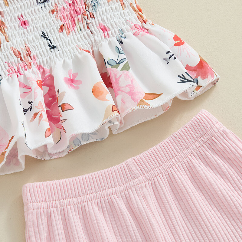 Blotona-Tops de regata com estampa floral, shorts com nervuras de cor sólida, roupa para menina, roupas de verão, 6M-4Y, 2 peças