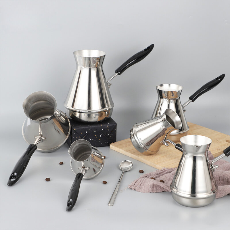 Cafetera turca de acero inoxidable para exteriores, olla de lavado a mano de estilo europeo, utensilios de café de mango largo, herramientas para compartir tetera