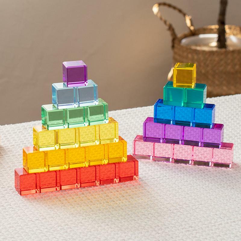 Cubos de construcción de arcoíris Montessori, cubos de enlace de matemáticas arcoíris, cubos educativos en caja, bloques de gemas apilables para niños