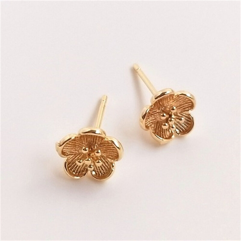 14K Gold Six Petals Plum Flower Earrings, simples feitos à mão, acessórios de orelha DIY, E053