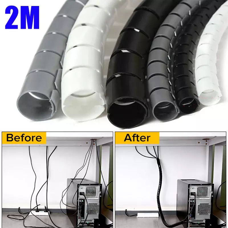 2M 28/10/8mm Flexible Spiral Cable Wire Protector Cable Organizer Computer TV Cord Protective Tube Organizer Management Tools