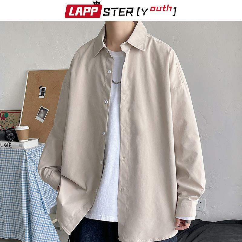 LAPPSTER-Youth 한국 패션 블랙 긴팔 셔츠, 2023 하라주쿠 블랙 오버사이즈 셔츠, 버튼업 블라우스, 5XL