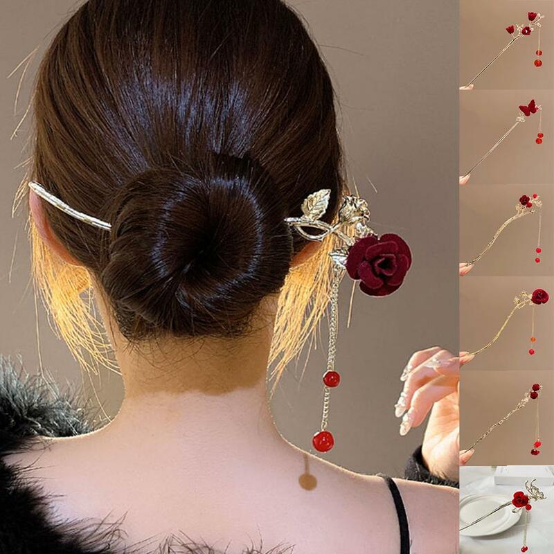 Hairpin retrô estilo chinês para mulheres, metal elegante, acessórios de cabelo antigos, headwear hanfu, bastão de ano novo, presente para senhoras, Q5G2