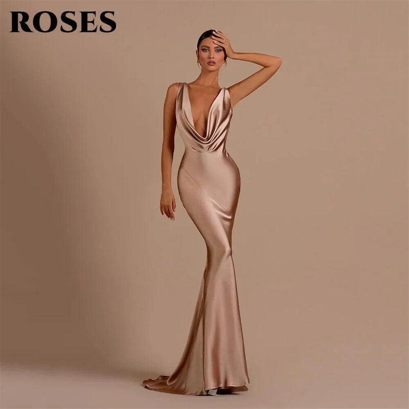 Gaun Prom sampanye sederhana elegan mawar gaun malam tertutup lipatan leher V rendah gaun pesta Satin putri duyung seksi punggung terbuka bagi-bagi CS