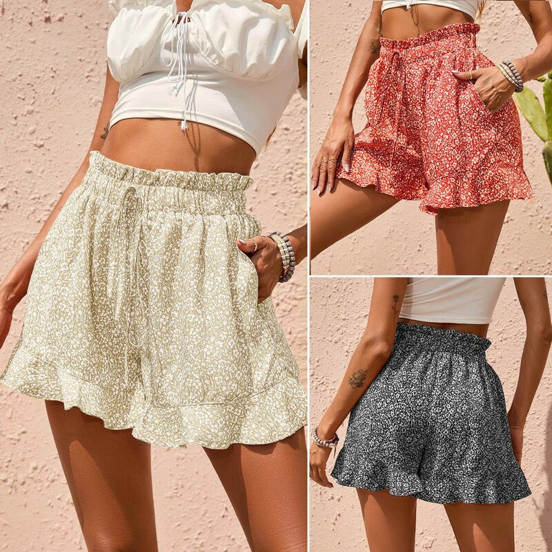 Women's Casual Shorts Elastic High Waisted Ruffle Floral Printing Comfortable Loose Summer Beach Short Pants With Pocket