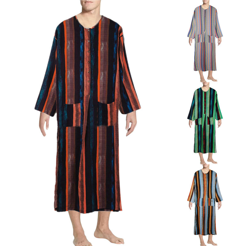 Men'S Muslim Robes Arabian Striped Long Sleeve Cotton Pockets Robes Casual Buttons Jubba Thobe Pockets Dubai Arabic Clothing