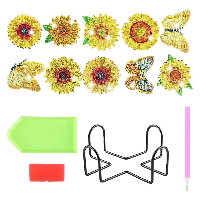 Girassol Coasters Kits com suporte para iniciantes, Art Craft Supplies, fácil de instalar, fácil de instalar, adultos e crianças, 10pcs