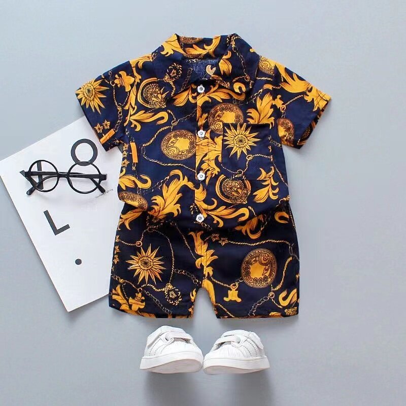 Setelan baju bayi laki-laki, musim panas balita bayi laki-laki setelan mode cetak kemeja atasan celana pendek 2 potong pakaian Set untuk bayi laki-laki pakaian anak-anak