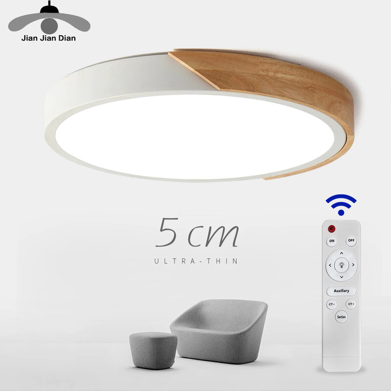 Ultra fino LED luz de teto com controle remoto, lâmpada de madeira, luminária, superfície montada, sala de estar, Home Decor, varanda, moderno
