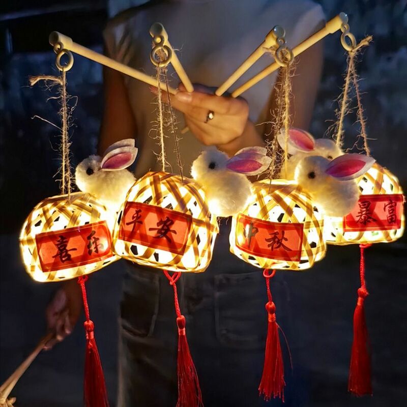 Chinese Style Lantern Bamboo LED Light Glowing Lantern Handmade Mid-Autumn Festival Children's Portable lanterns Home Decoration
