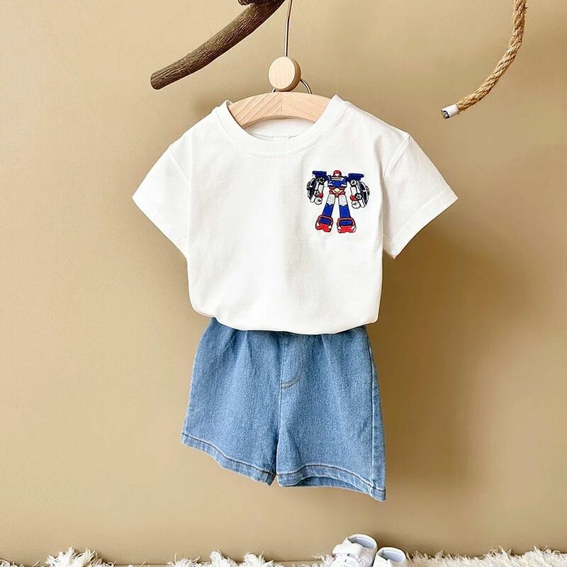 Летний комплект детской одежды из 2 предметов для мальчиков, топ с коротким рукавом и круглым вырезом с вышивкой робота + джинсовые шорты, хлопковый комплект для девочек