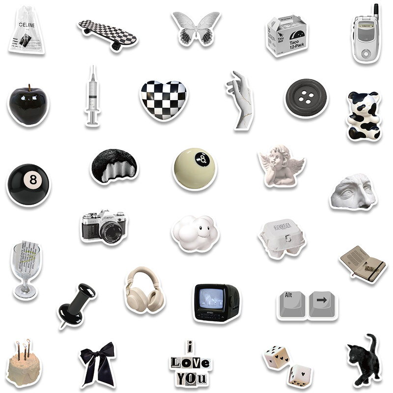 Decalques simples estéticos preto e branco, adesivos bonitos, estética, telefone, notebook, mala, laptop, geladeira, adesivo de parede, estilo Ins, 10 pcs, 50pcs