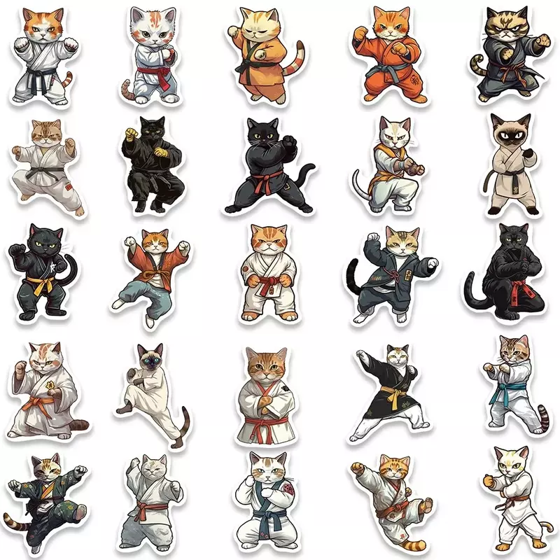 50 buah kartun Kung fu kucing lucu Taekwondo Kitty stiker untuk koper Laptop telepon alat tulis dekorasi tahan air stiker mainan anak