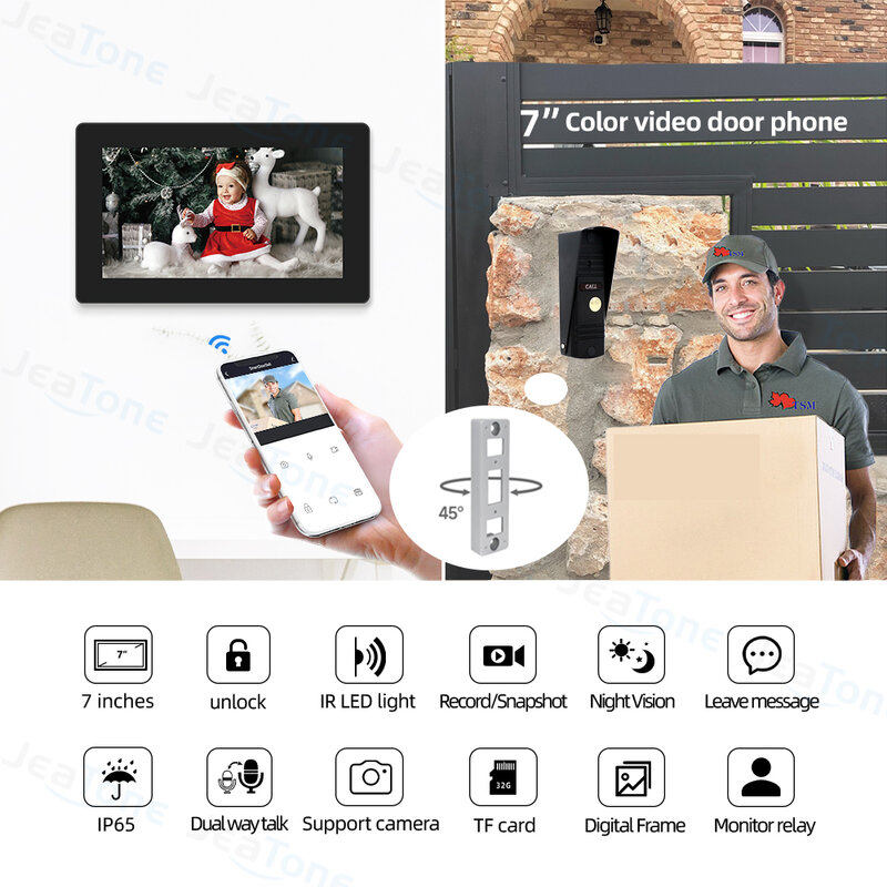 Jeatone kamera bel pintu Video interkom 7 ", WIFI 1080P LCD Video rumah layar sentuh untuk apartemen Tuya cerdas/tahan kerusakan